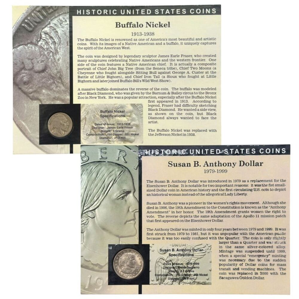 Historic United States Coins 2pc Set - Buffalo Nickel & Susan B. Anthony Dollar